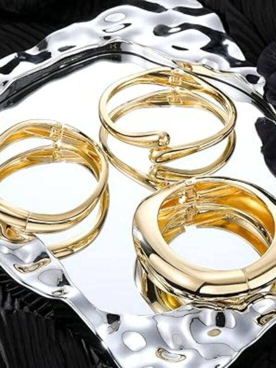 Set of 3 Chunky Gold Bangle Bracelet Adjustable Twist Cuff Elegant Jewelry - Picture 3 of 3